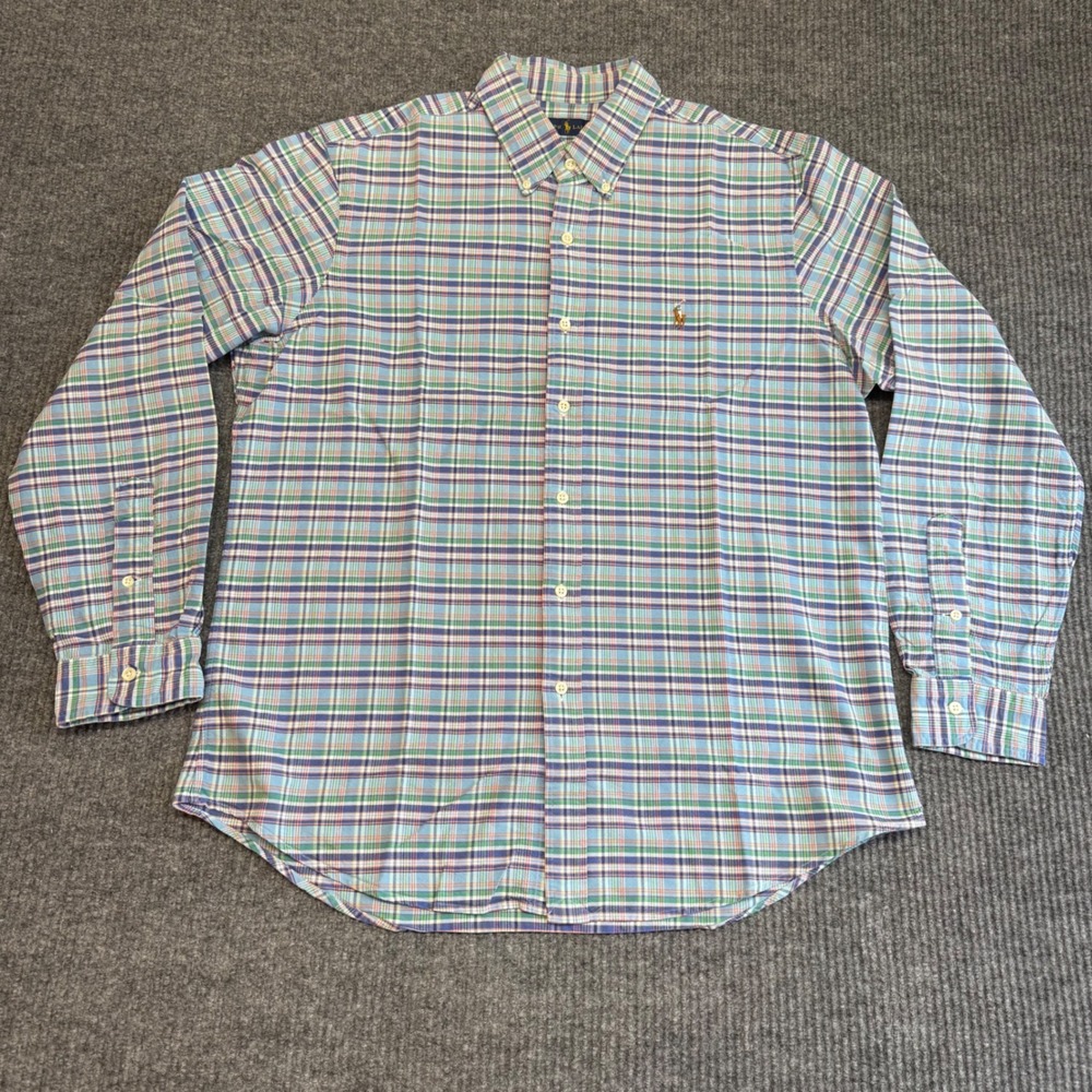 Ralph Lauren Mens Large‎ Plaid Button Down Shirt Blue Green Classic Fit Cotton